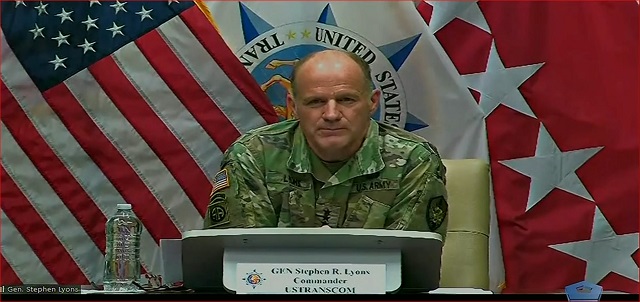 U.S. Army Gen. Stephen R. Lyons, commander, U.S. Transportation Command, briefs members of the Pentagon Press Corps Aug. 23, 2021, during a virtual media conference regarding airlift evacuations from Afghanistan. (Graphic image)